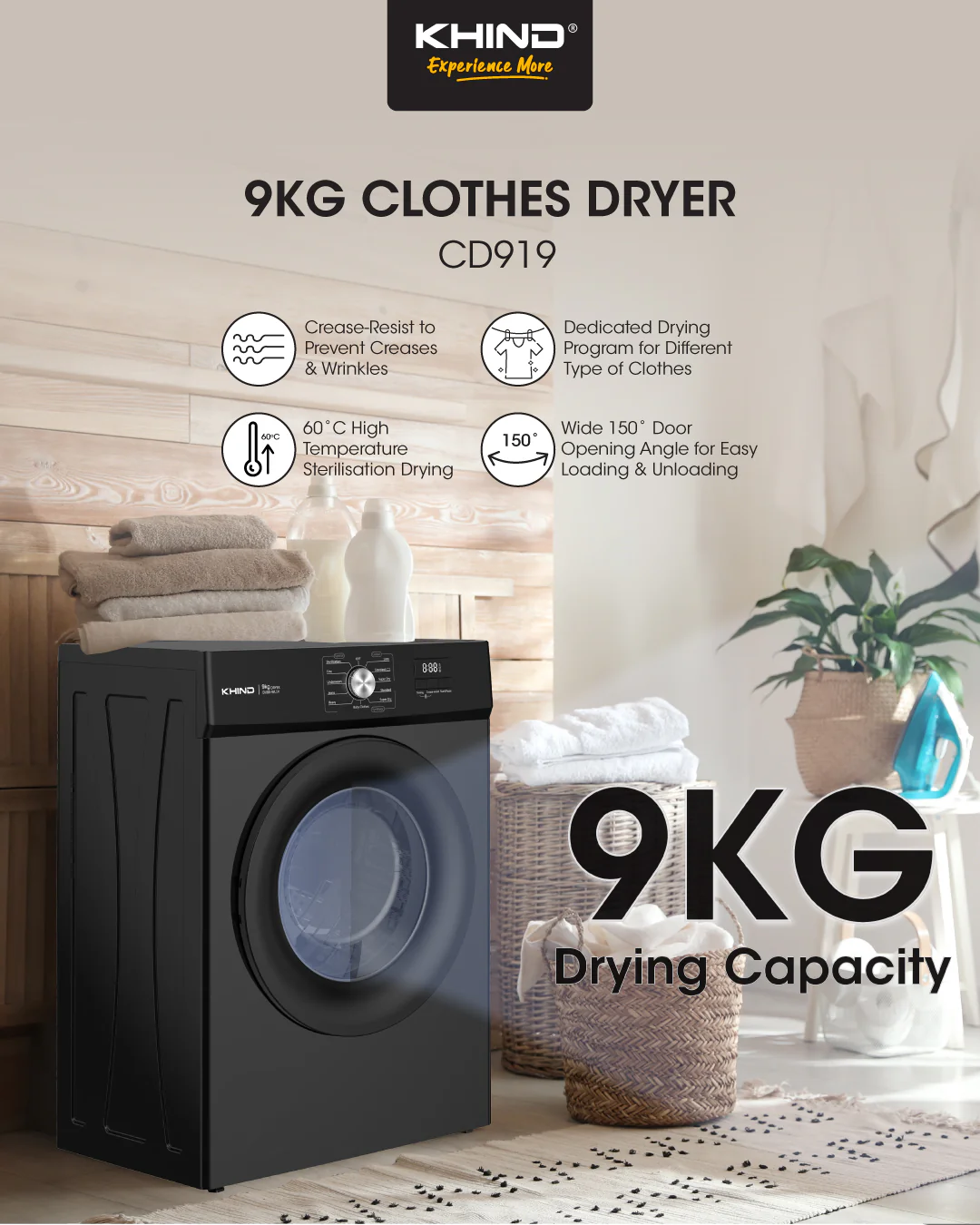 KHIND 9kg Air Vented Tumble Clothes Dryer CD919 thumbnail 3
