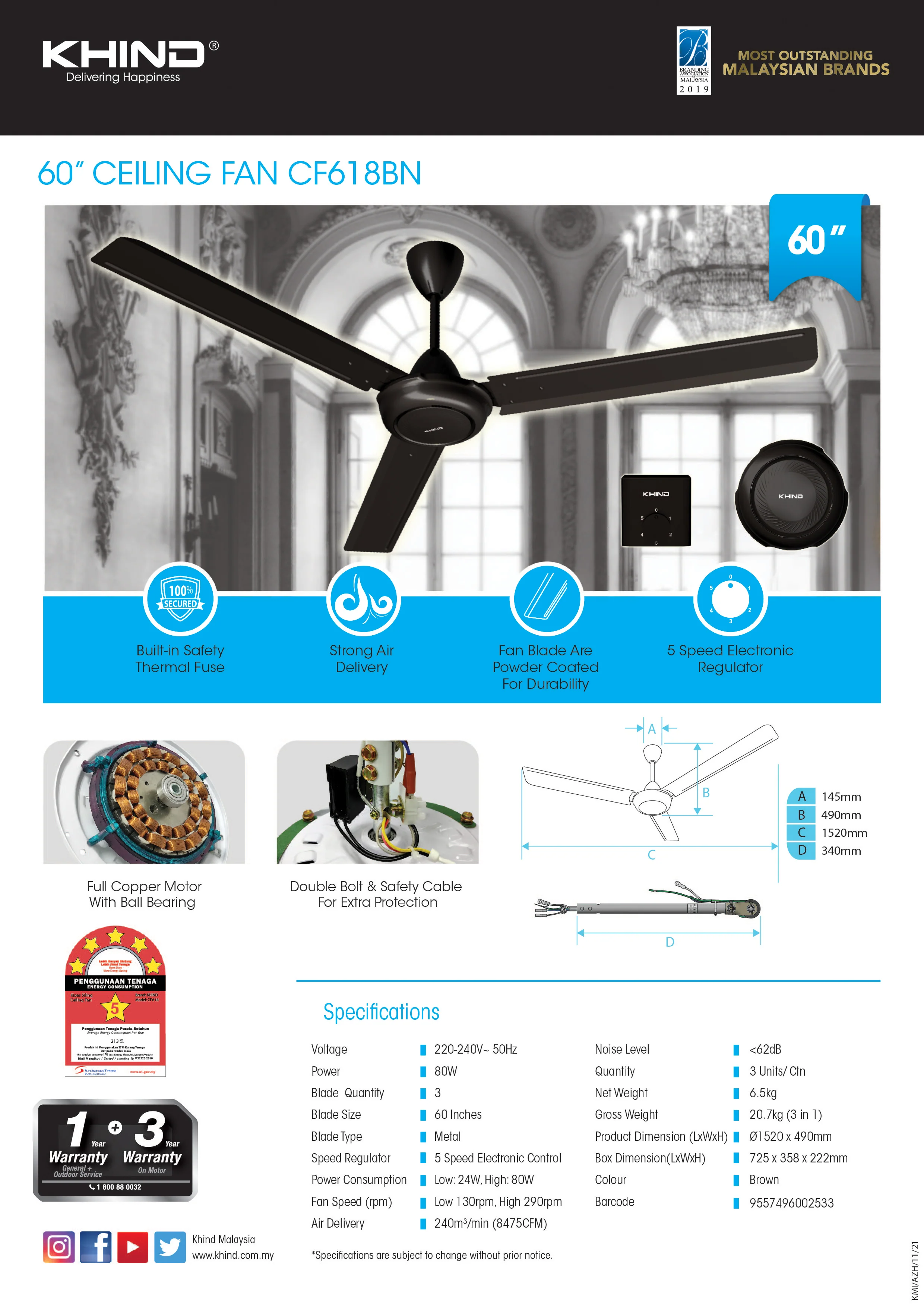 KHIND 60" Ceiling Fan (Three Unit Packaging) CF618 thumbnail 2