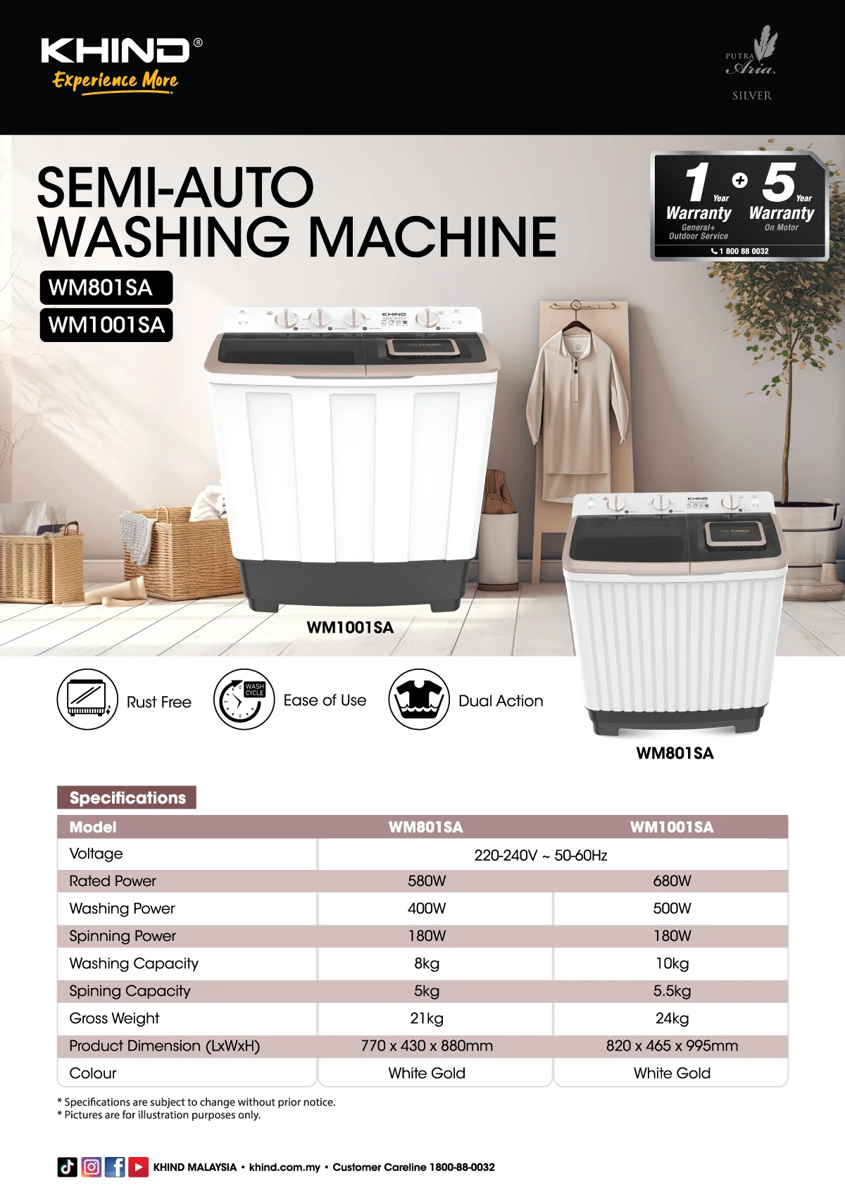 KHIND 10kg Semi-auto Washing Machine WM1001SA thumbnail 2