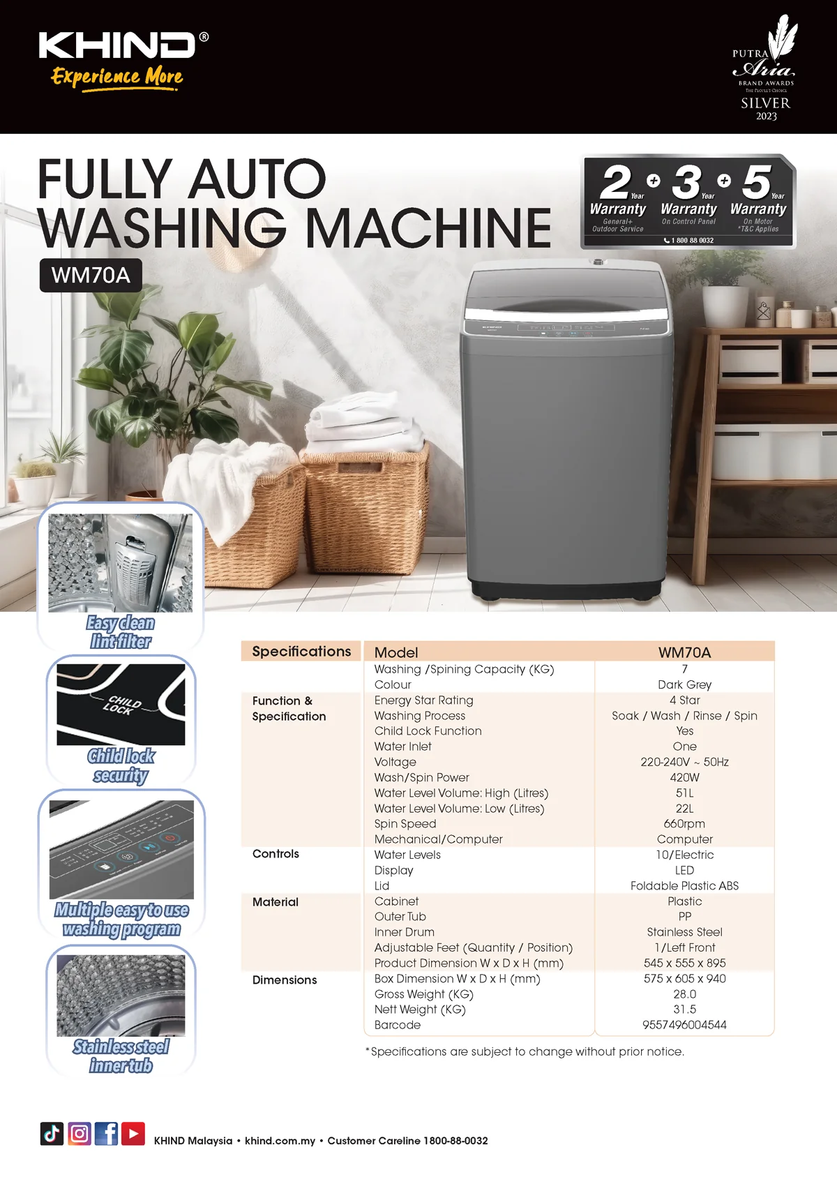 KHIND 7kg Fully Auto Washing Machine WM70A thumbnail 3